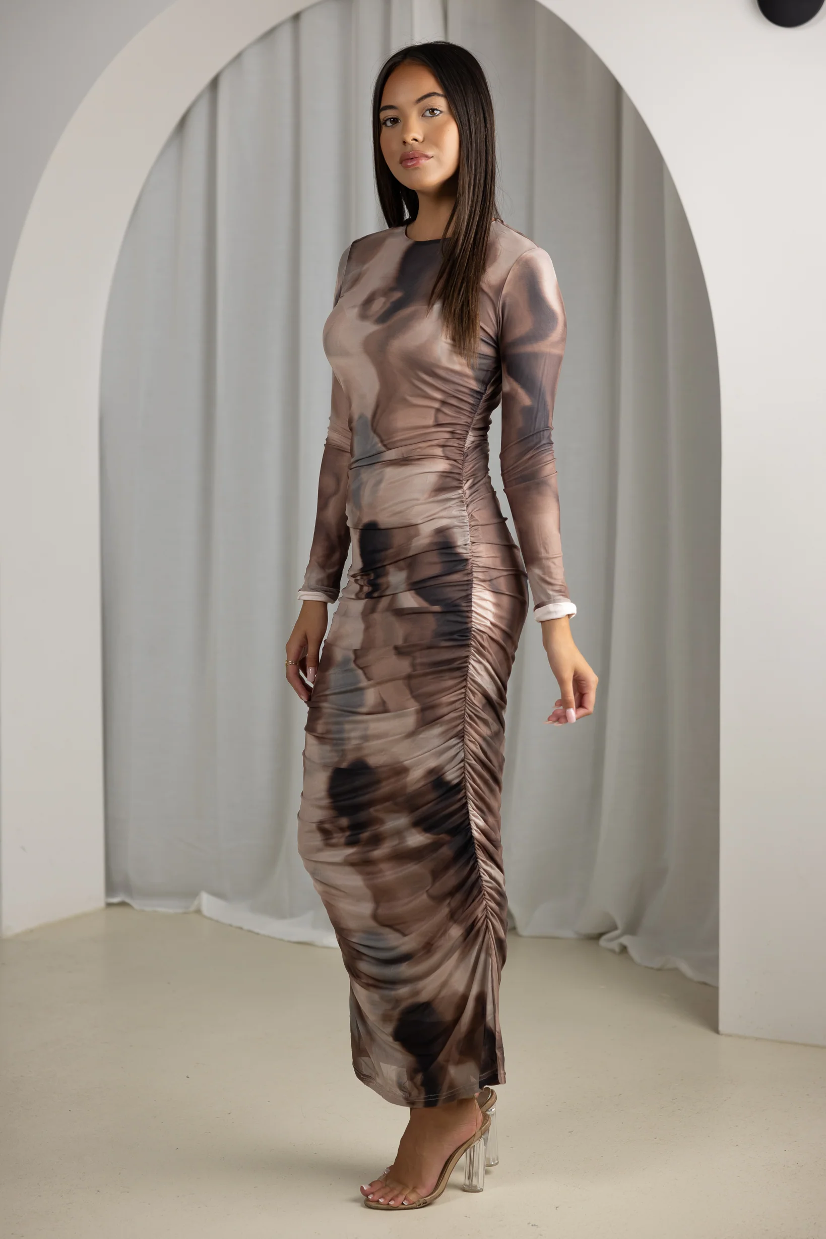 Camo Print Ruched Mesh Maxi Dress - Image 4