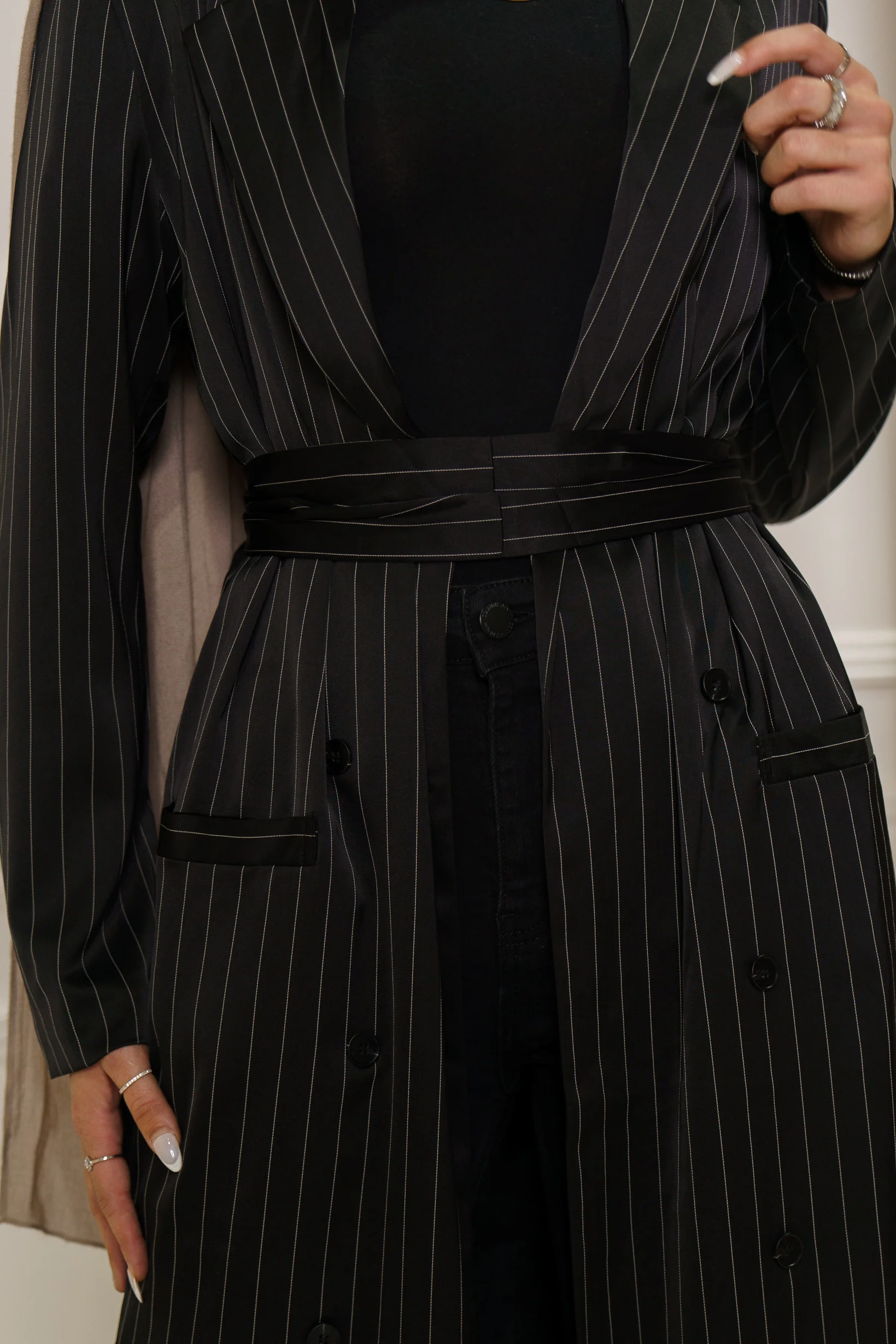 Runway Pin Stripe Satin Trench - Image 8