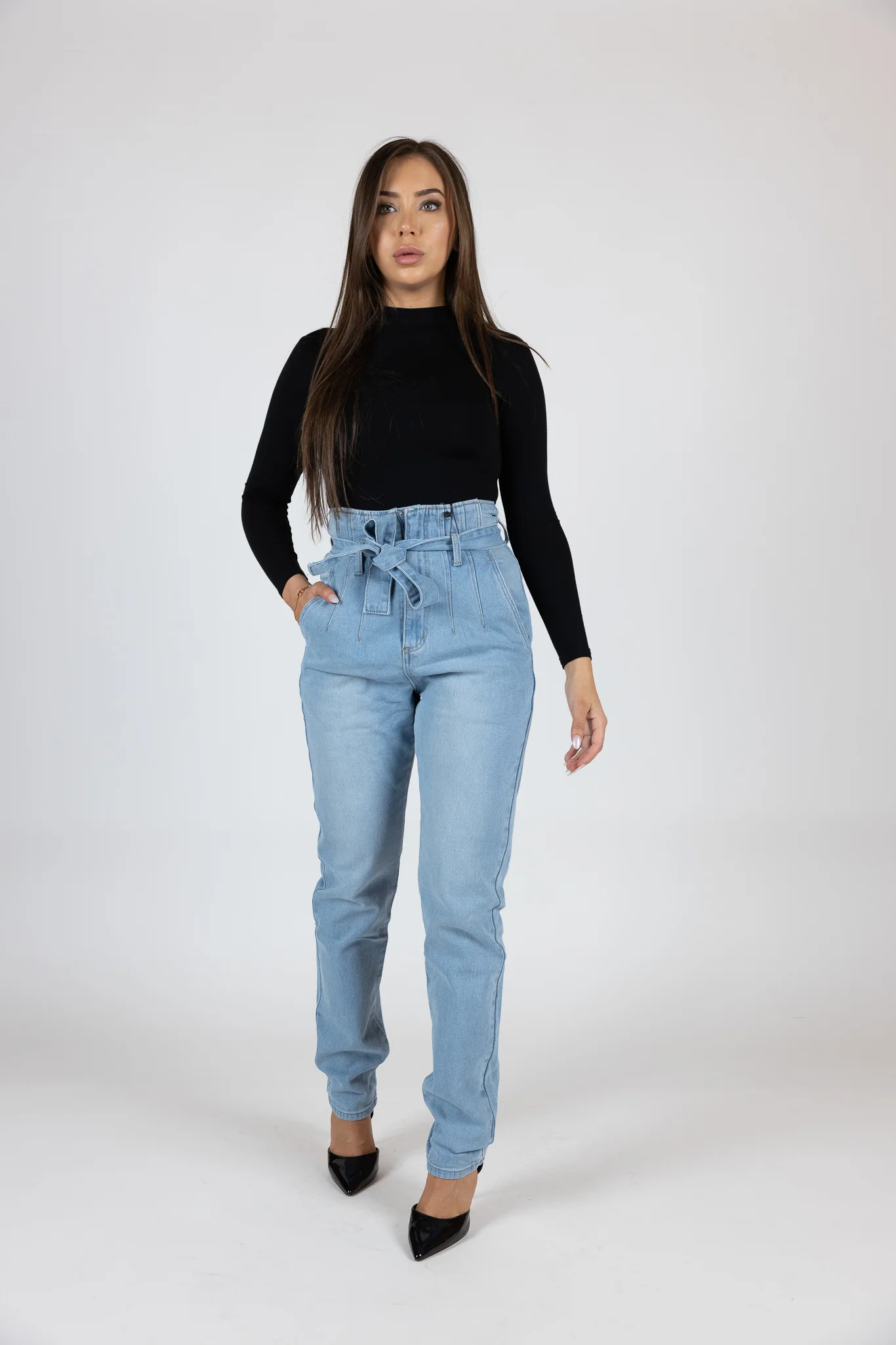 Tie Waist Denim Jeans High Rise - Image 3